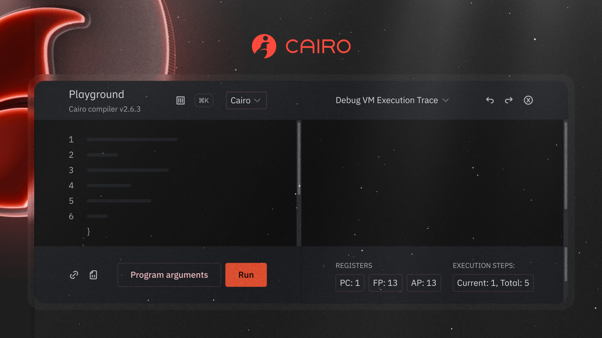 cairovm.codes is a web application for running and debugging Cairo programs