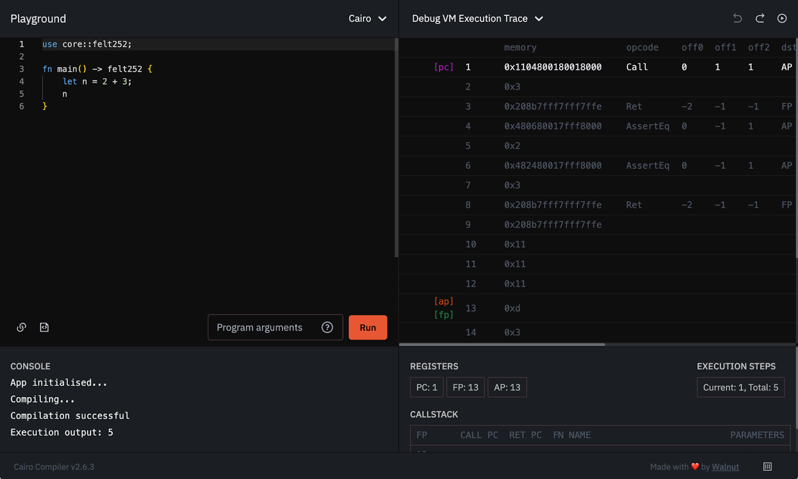 cairovm.codes is a web application for running and debugging Cairo programs