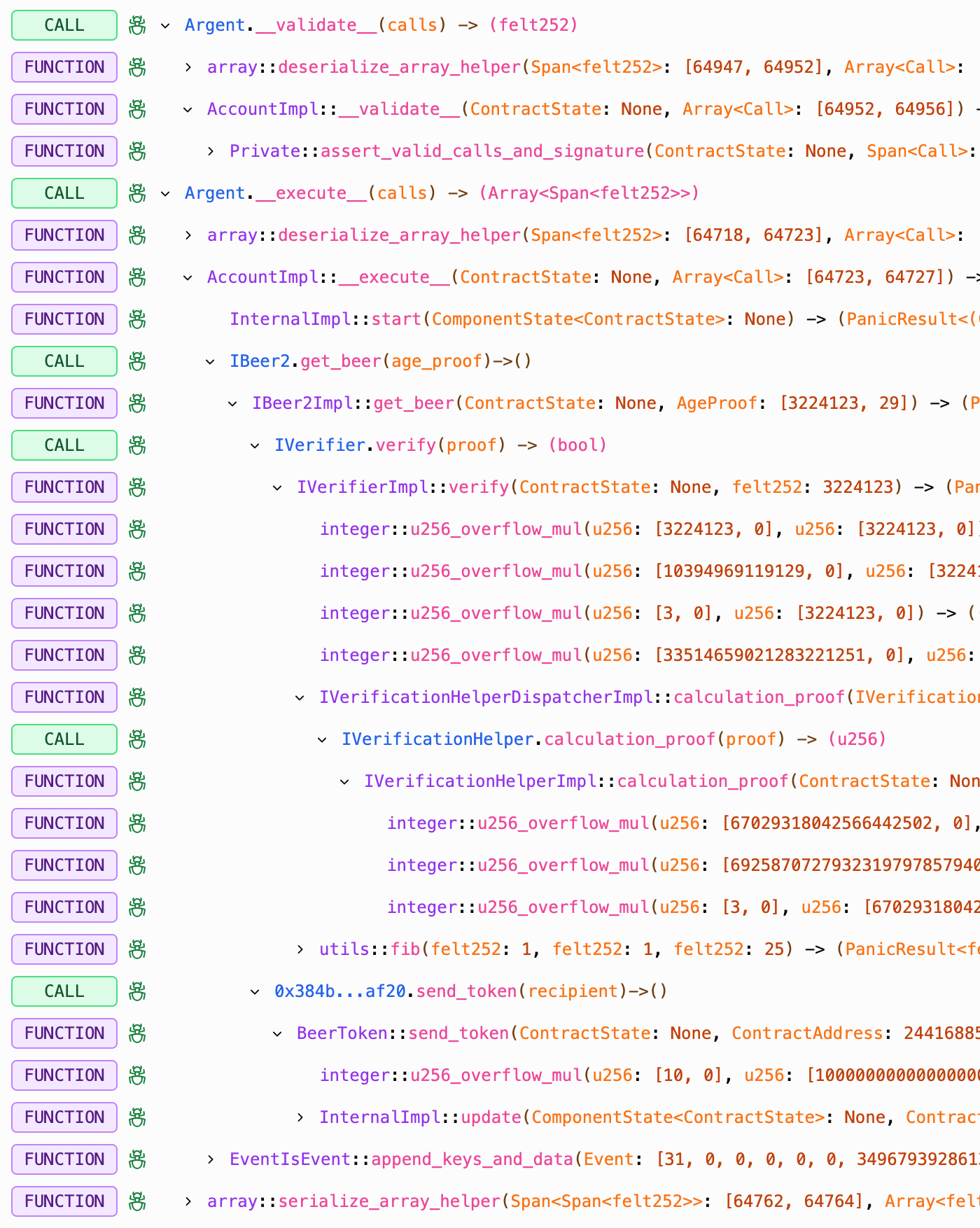 Full Call Trace of an example transaction on Starknet