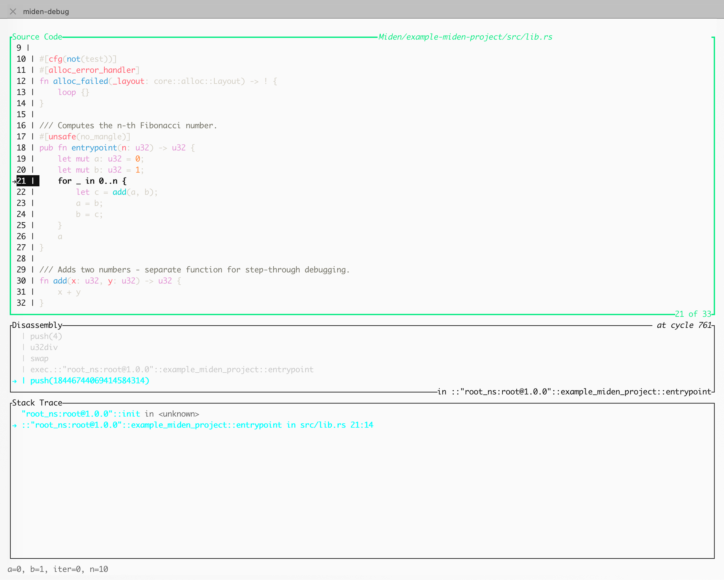 Miden debugger variable value printing