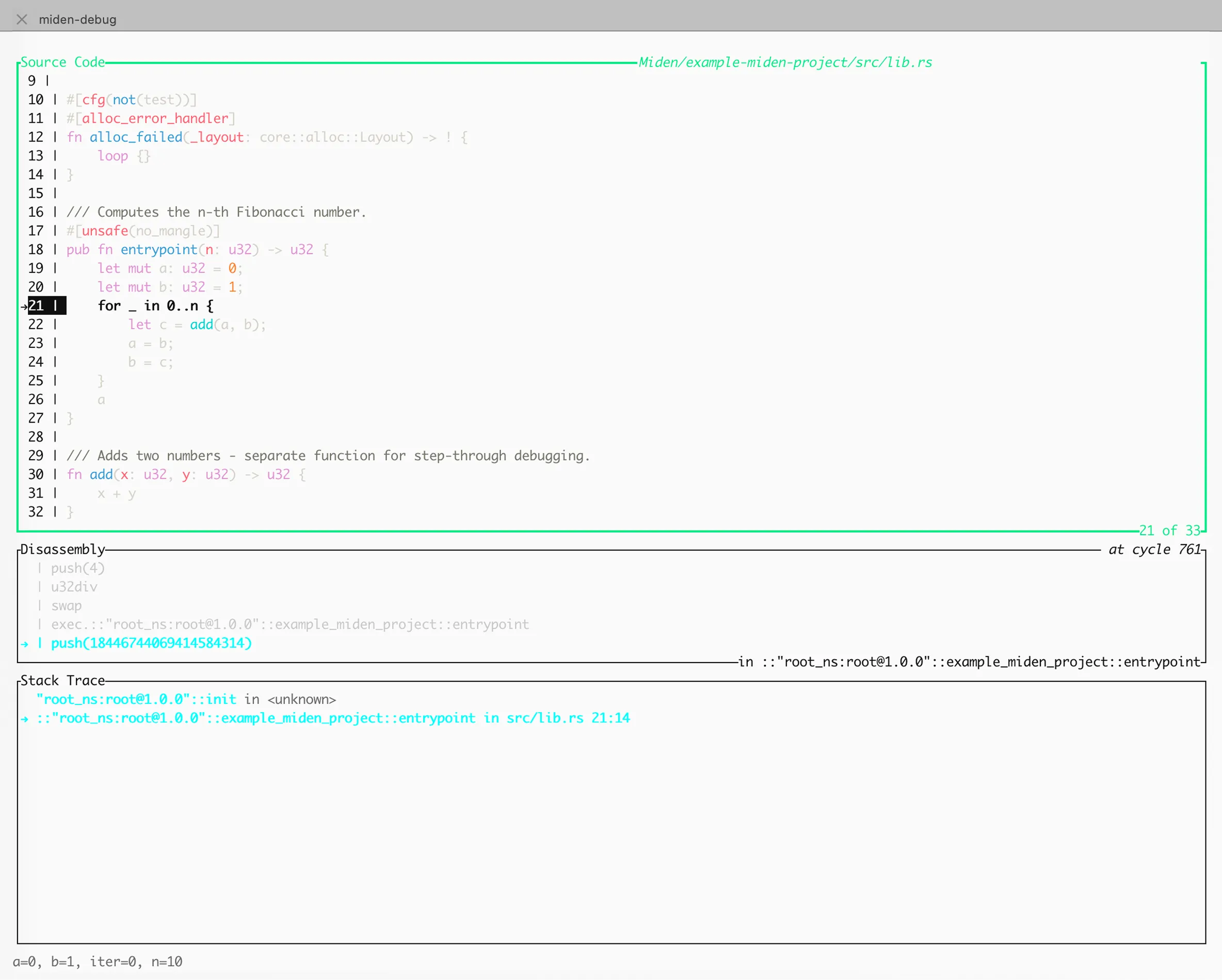 Miden debugger variable value printing