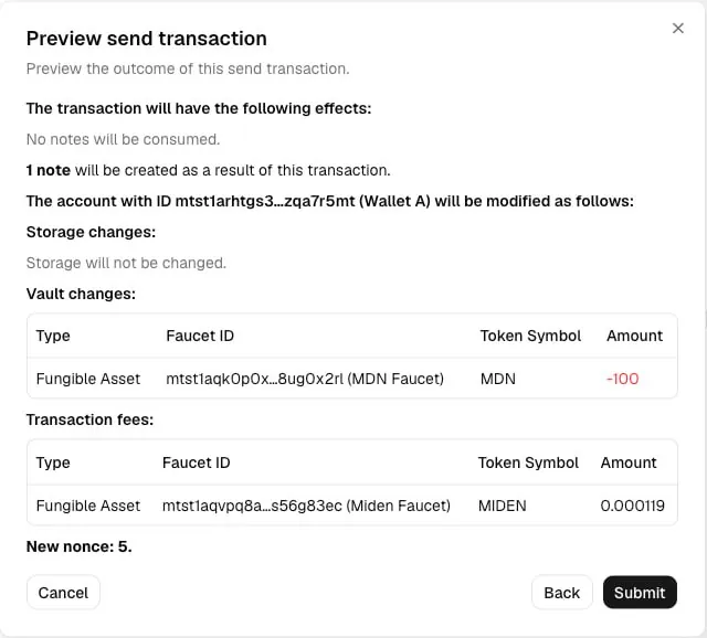 Playground transaction preview with fees
